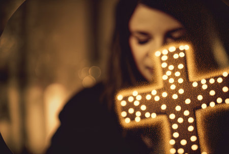 Closeup of a lady clutching a wooden Christian cross against a bokeh lit background. textual roomの素材