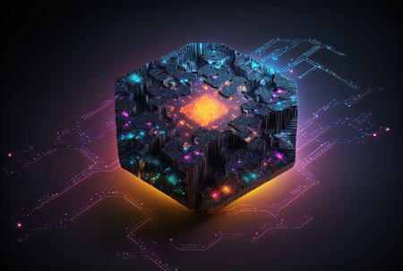 Concept of the metaverse and a creative illuminating polygonal chip circuit on a dark backdropの素材