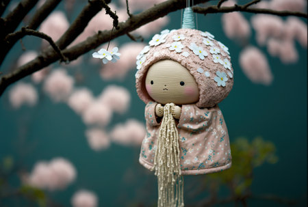 Bozu teru teru. A Japanese rain doll is hung on a sakura tree as a kind of weather prayerの素材