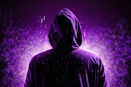 Data hacking concept with a hacker in a hoodie standing on an abstract glowing pixel wall backgroundの素材