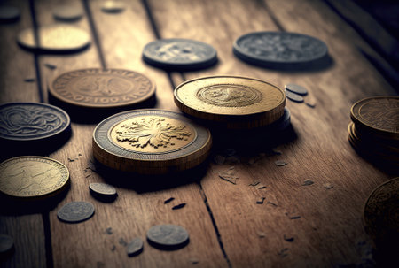 Coins on a wooden table with an abstract background featuring business and money themesの素材