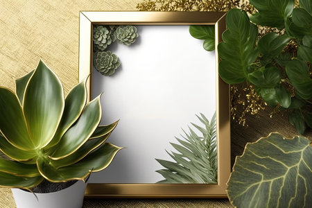 Gold photo frame by houseplant on floorの素材