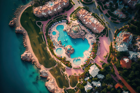 Hotels near an aquapark in Turkey. aerial picture of a vacation resort in Antalya Turkeyの素材