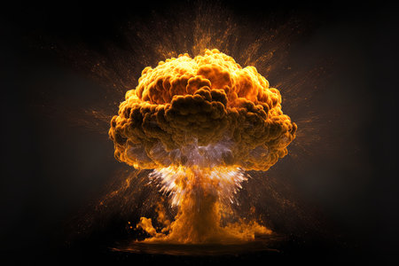 Orange colored fiery bomb explosion with sparks and smoke isolated on a black backgroundの素材