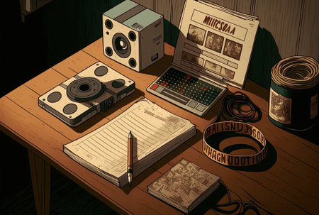 On a wooden desk there are negatives striped with clapperboard movie reels tickets and popcornの素材