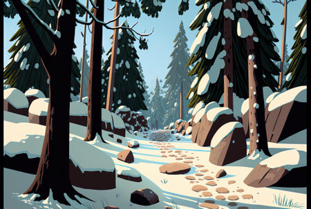 Snow covered trees and stones line the path in a forest which is surrounded by a clear skyの素材