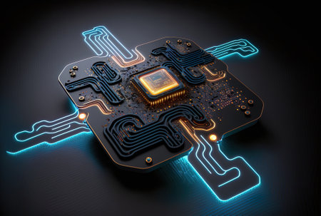 Concept of the metaverse and a creative glowing chip circuit hologram on a dark backgroundの素材