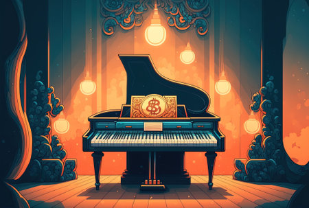 Non fungible token of digital art with a piano on the blockchain as an example and copy spaceの素材