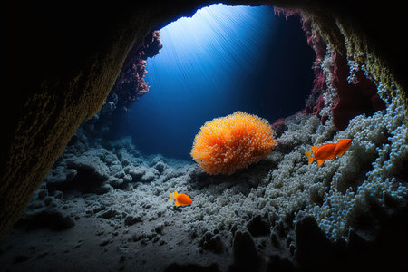 Scene under the ocean with orange coral polyps (Astroides calycularis) covering the rocksの素材
