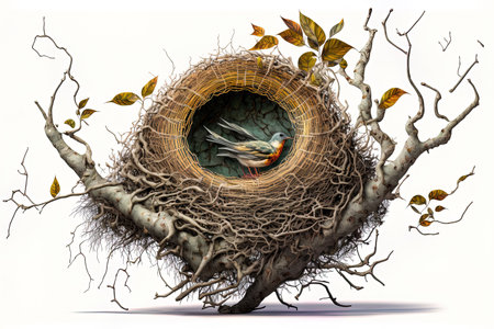 On a limb of a tree with leaves an empty bird nest made of twigs is depicted in isolationの素材