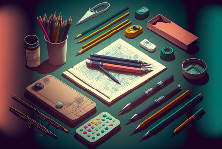 Pens color samples and graphic design tools on a desk. construction tool and accessory drawingsの素材