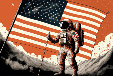 Illustration of a Mars colonization concept with an astronaut in a spacesuit waving an American flagの素材
