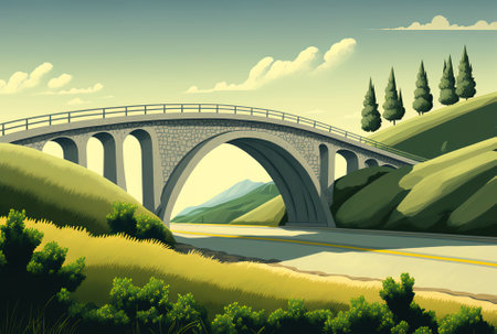 In a field with vegetation surrounding it and hills in the distance there is a concrete bridgeの素材