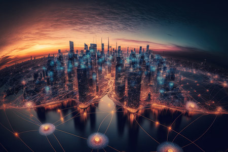 Concept of a network connection the internet and a worldwide link in an abstract cityscapeの素材