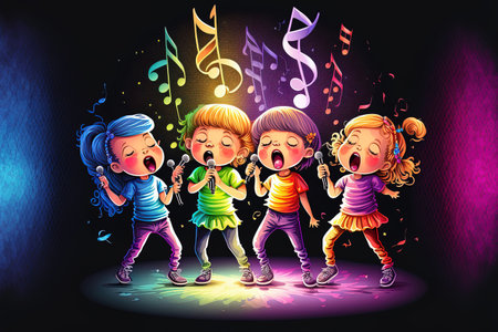 a group of children performing on stage while dancing and singing. the performance of childrenの素材