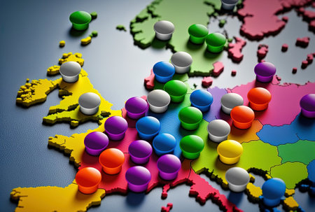 The colorful buttons on the map of Europe show the location and coordinates of the destination.の素材