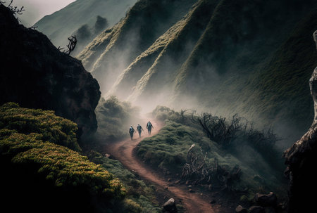Two hikers are seen moving over a curvy path that is bordered by vegetation and a foggy mountain.の素材