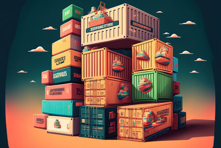 Stack of shipping containers boxes of merchandise and ships for logistics of import and exportの素材