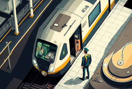 View from above of a subway driver who arrives at the station on schedule with a high speed trainの素材