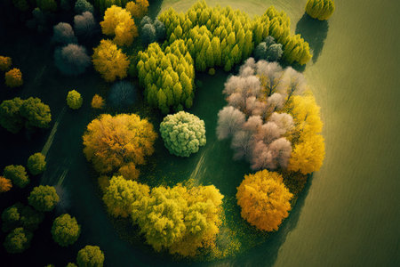 aerial view of a grassy area next to a forest with trees that have both yellow and green leavesの素材