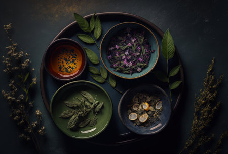 Top view of several tea herbs in bowls against a dark textured background. room for textの素材