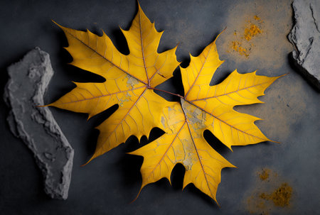 Yellow maple leaves in a top view photographed on a surface made of fractured concreteの素材