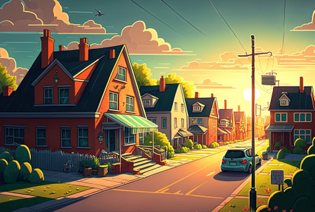 Urban setting with roads houses and flora illuminated by the sun and the sky is overcastの素材