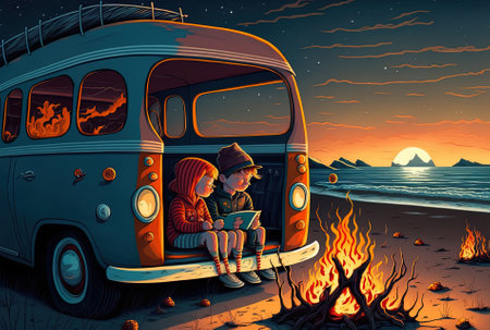 On a winter road trip to the beach a couple cuddles up while roasting marshmallows over a fireの素材