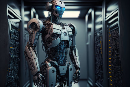 a graphic display equipped assistance robot or artificial intelligence robot in the server roomの素材