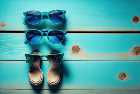 Sunglasses flip flops and a copy space in the summertime on a blue hardwood backgroundの素材