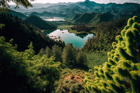 photographed from a high perspective of the lovely mountains with lush vegetation and a clear skyの素材