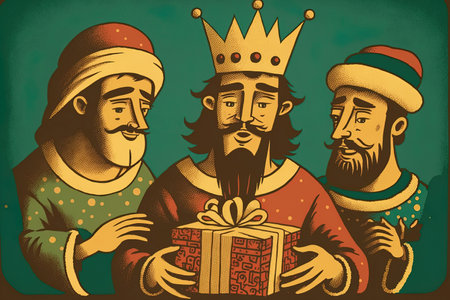 Retro Christmas card featuring the three kings presenting Jesus with presents. cartoonish artworkの素材