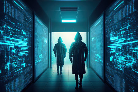 abstract matrix room with hackers in incubators on blurry background crime and cyberspace conceptの素材