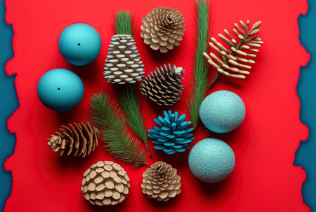 a top view pine tree limbs pinecones and Christmas tree balls on a blue red backgroundの素材