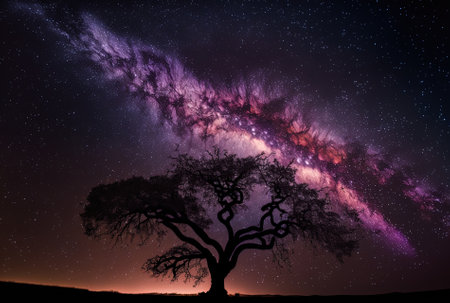 Panorama of a tree silhouette and the stunning Milky Way in a night sky long exposure shotの素材