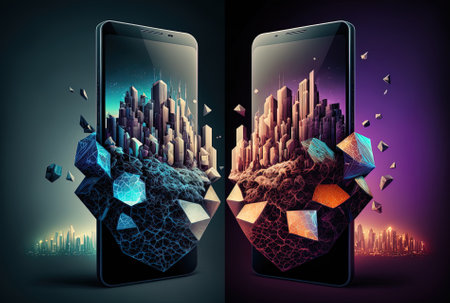 Urban and future technology designs with a smartphone and a low poly mega metropolis backgroundの素材