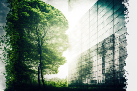 dual exposure of windows in contemporary buildings and a beautiful green forest in a green cityの素材