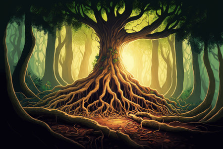 sunbeams and large tree roots in a lush woodlandの素材
