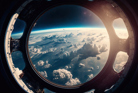 View of the world from an astronaut in space including clouds and satellites in orbitの素材