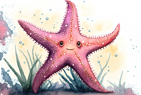 a watercolor depiction of pink starfish a marine invertebrate that lives on the sea floorの素材