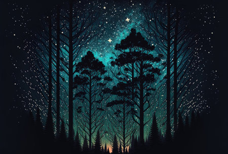 Vertical image of a woodland with a gorgeous starry night sky that would make a terrific wallpaperの素材