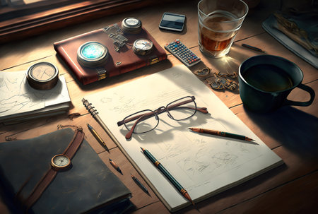 View from above showing a notepad office supplies sketching equipment and a few glasses. improviseの素材