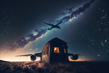 Stunning photo of an airplane flying above a structure with a starry night sky in the distanceの素材