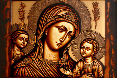 Orthodox line painting of the holy mother of god the mother of god and the child Jesusの素材