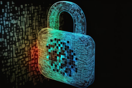 Secure safety and web protection concept with a colorful holographic grid of blue locksの素材