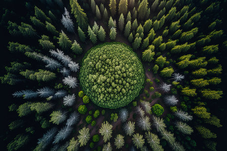 aerial top view of the forest in rural Finland in the summertime. Photo taken by a droneの素材