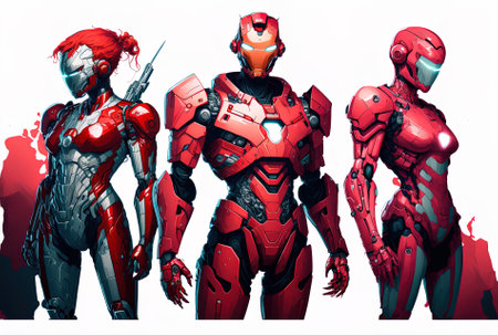 Illustration of a cyborg superhero and red robot spacesuit isolated on a white backdropの素材