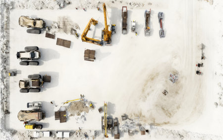 View from above a massive excavation site occupied by a fleet of heavy machineryの素材