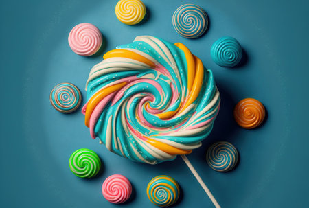 Delicious party decoration delicious swirl candy lollypop in top view on a blue backgroundの素材