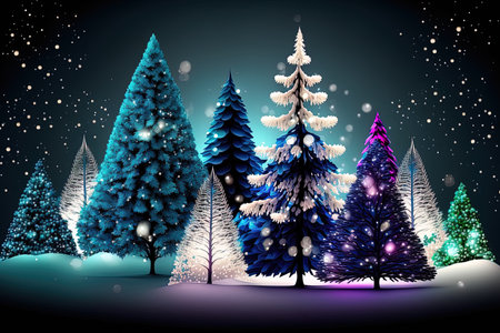 Fantastic Christmas background with a vivid winter woodland with colourful lights and garlandsの素材